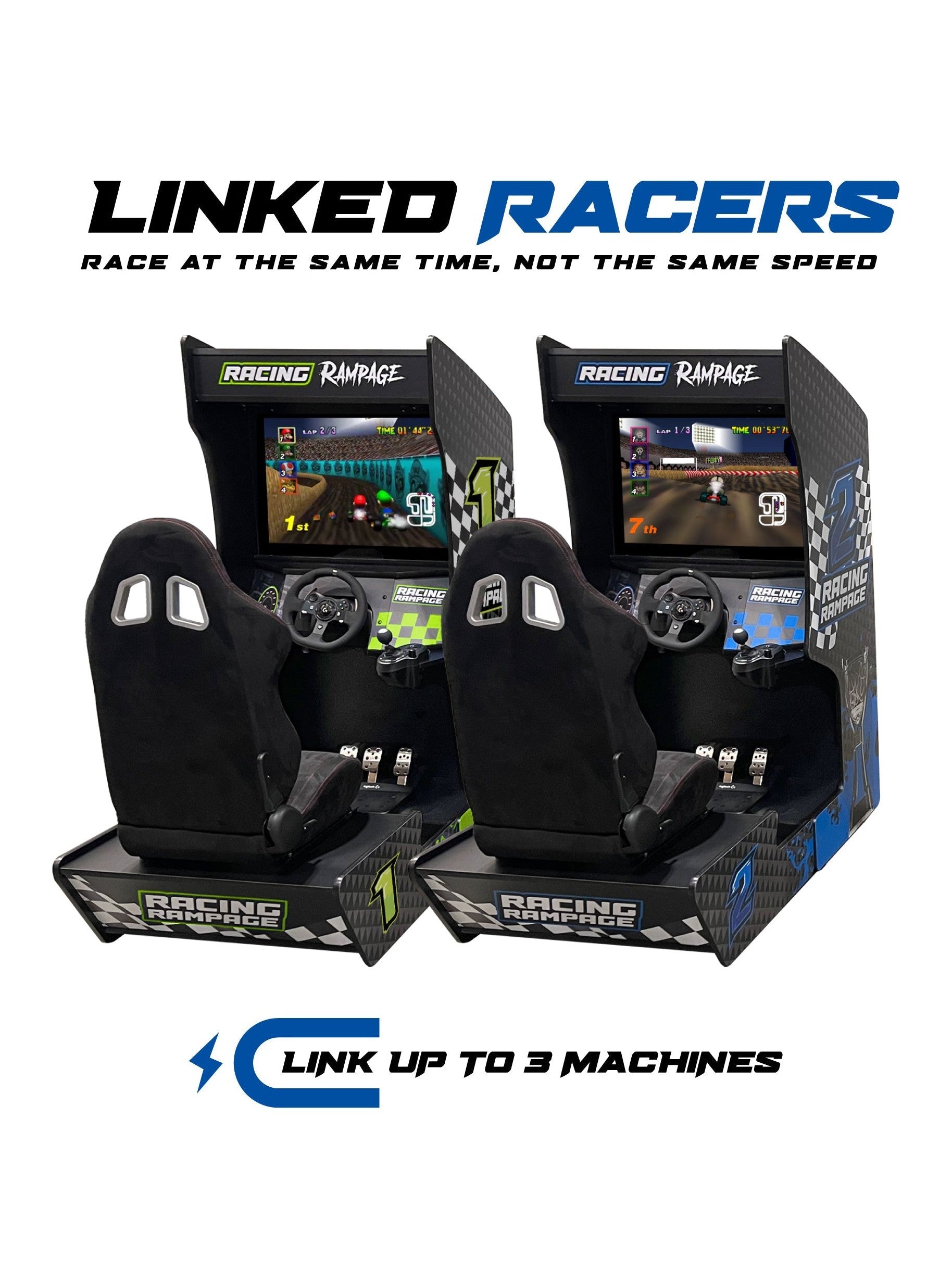 Racing Rampage | Set of 2 or 3 Sit Down Racing Arcade Machines | 177 Classic Racing Games OR Wifi Compatible to Connect Endless Games | FREE Link-Tech System