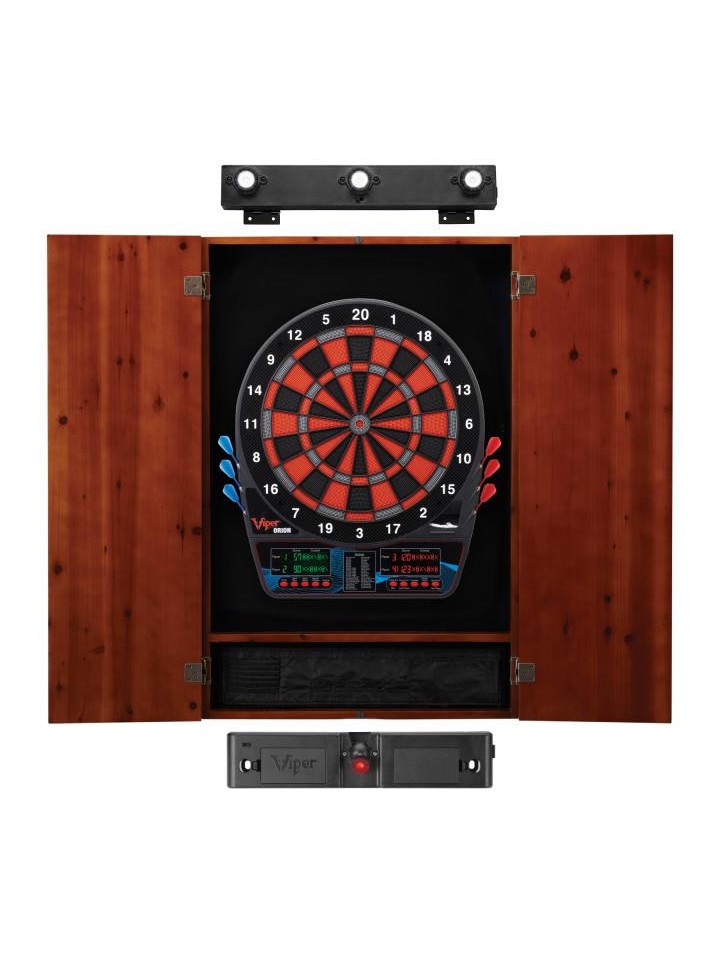 Viper Orion Electronic Dartboard, Metropolitan Cinnamon Cabinet, Laser Throw Line & Shadow Buster Dartboard Light Bundle