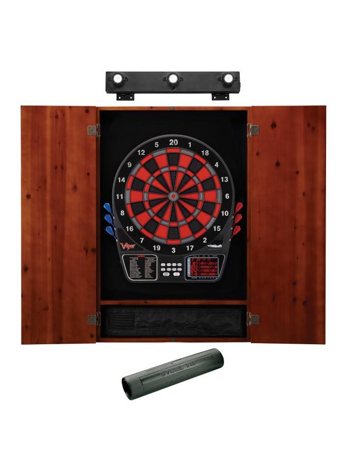 Viper 797 Electronic Dartboard, Metropolitan Cinnamon Cabinet, Dart Mat & Shadow Buster Dartboard Light Bundle