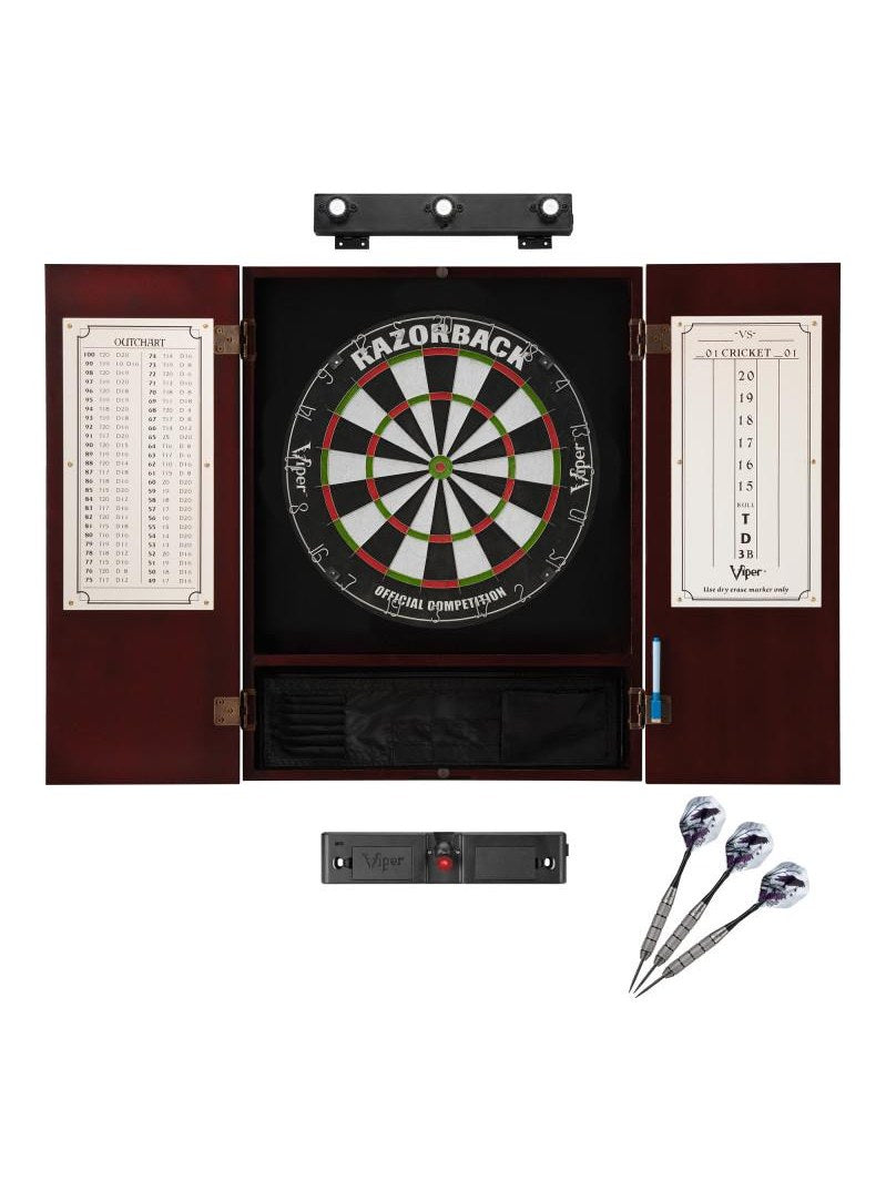 Viper Razorback Sisal Dartboard, Metropolitan Mahogany Cabinet, Shadow Buster Dartboard Lights & "The Bull Starts Here" Throw Line Marker