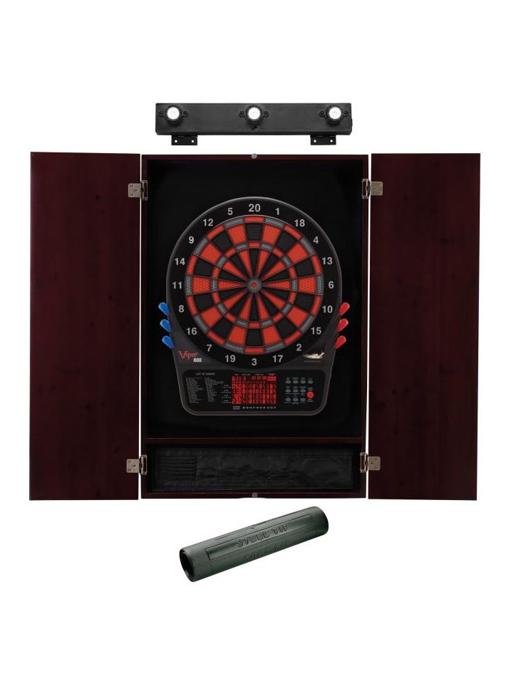 Viper 800 Electronic Dartboard, Metropolitan Mahogany Cabinet, Dart Mat & Shadow Buster Dartboard Light Bundle