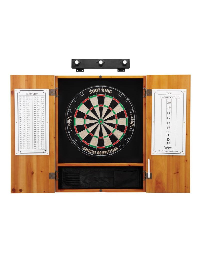 Viper Shot King Sisal Dartboard, Metropolitan Oak Cabinet & Shadow Buster Dartboard Lights