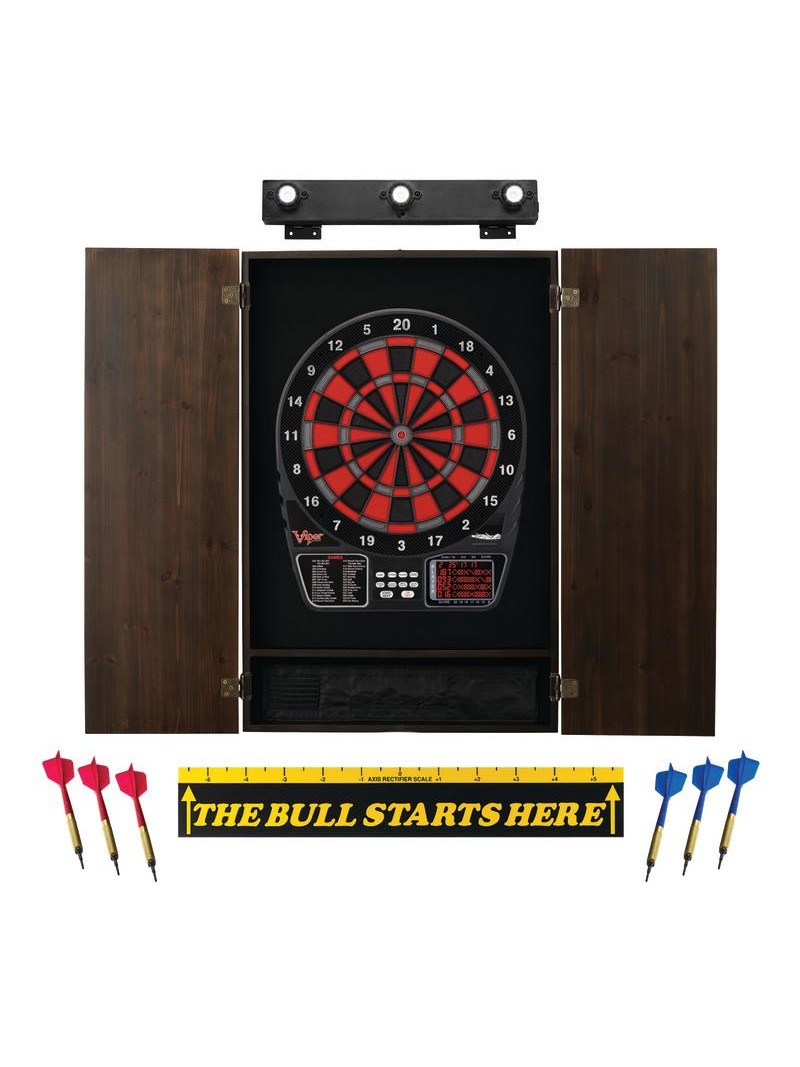 Viper 797 Electronic Dartboard, Metropolitan Espresso Cabinet, Throw Line Marker & Shadow Buster Dartboard Light Bundle