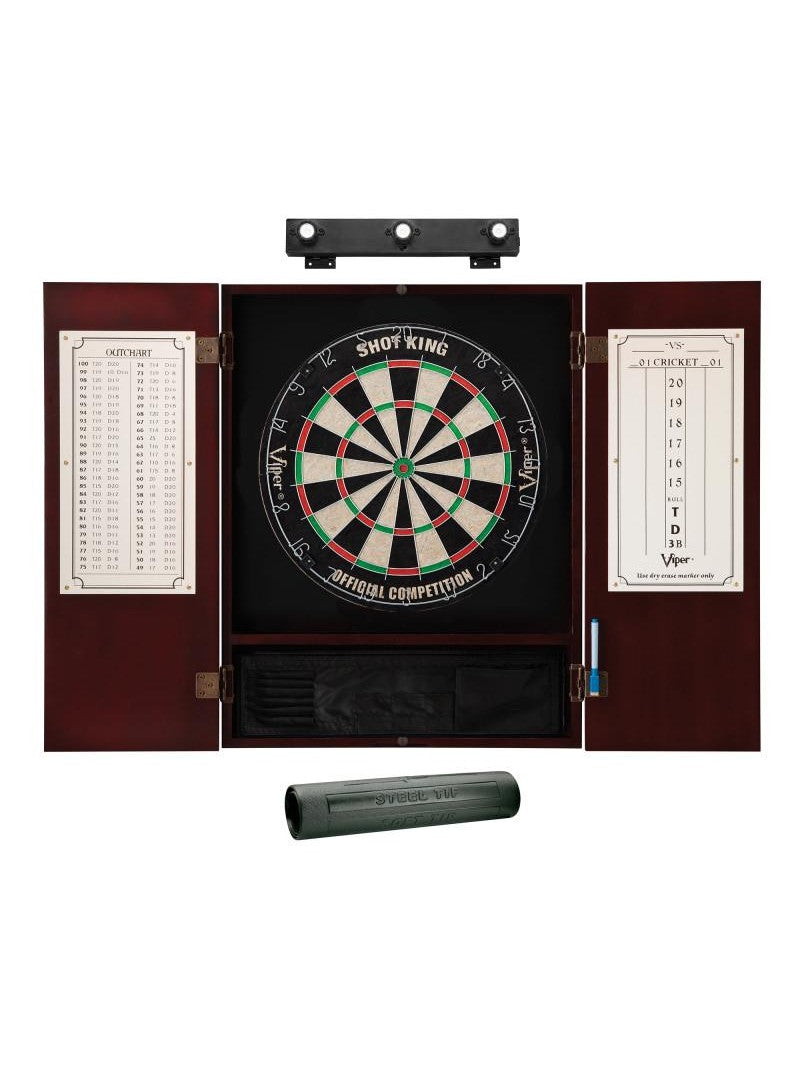 Viper Shot King Sisal Dartboard, Metropolitan Mahogany Cabinet, Shadow Buster Dartboard Lights & Padded Dart Mat