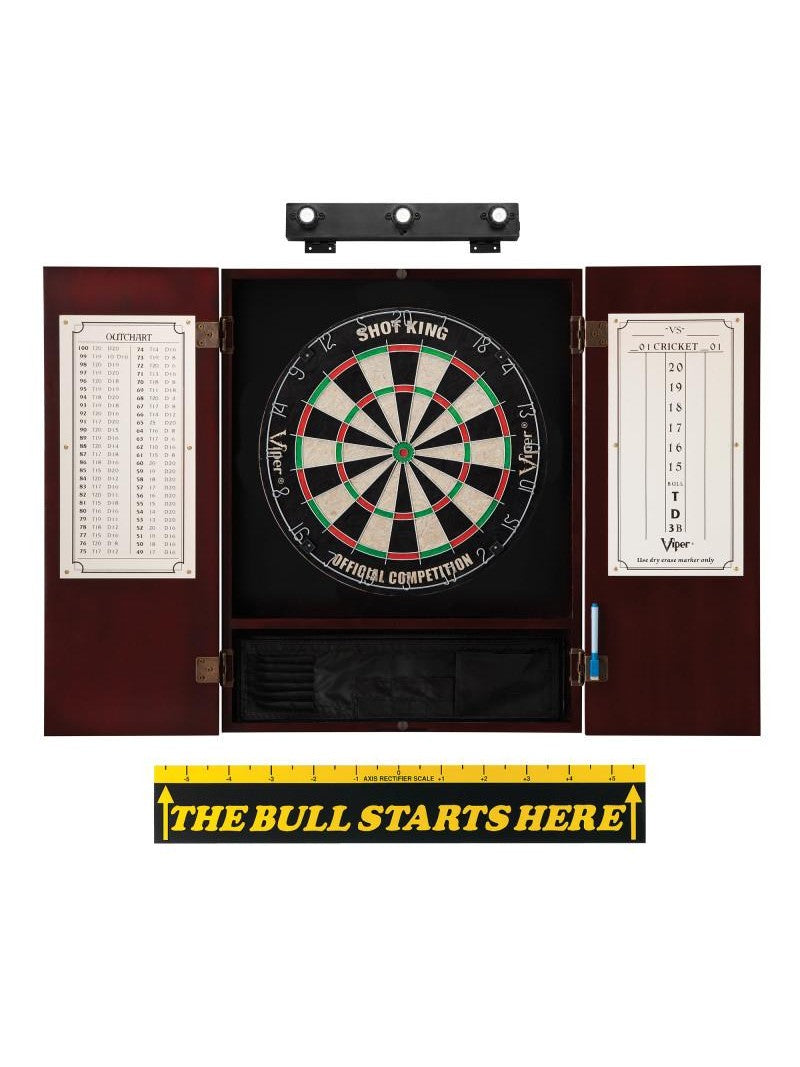 Viper Shot King Sisal Dartboard, Metropolitan Mahogany Cabinet, Shadow Buster Dartboard Lights & "The Bull Starts Here" Throw Line Marker