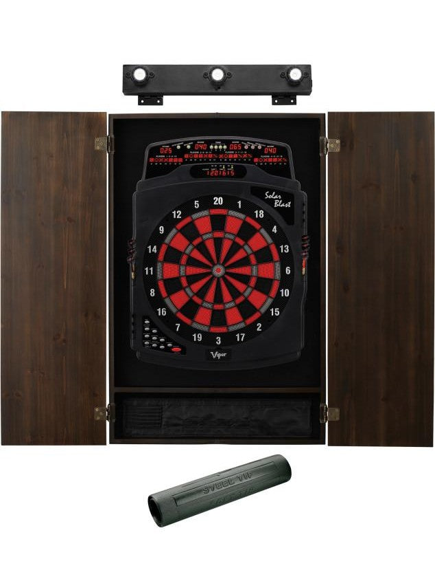 Viper Solar Blast Electronic Dartboard, Metropolitan Espresso Cabinet, Dart Mat & Shadow Buster Dartboard Light Bundle