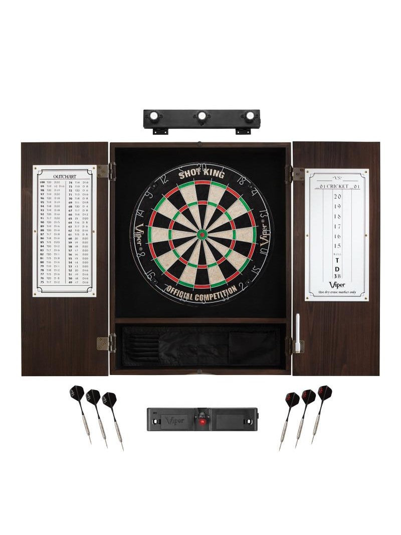 Viper Shot King Sisal Dartboard, Metropolitan Mahogany Cabinet, Shadow Buster Dartboard Lights & "The Bull Starts Here" Throw Line Marker