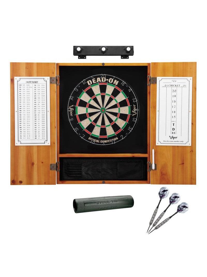 Viper Dead On Sisal Dartboard, Metropolitan Oak Cabinet, Shadow Buster Dartboard Lights & "The Bull Starts Here" Throw Line Marker