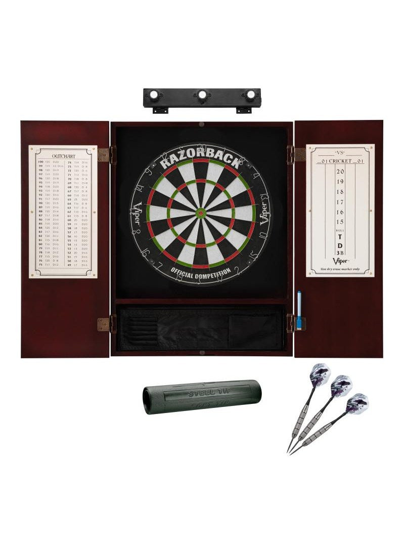 Viper Razorback Sisal Dartboard, Metropolitan Mahogany Cabinet, Shadow Buster Dartboard Lights & "The Bull Starts Here" Throw Line Marker