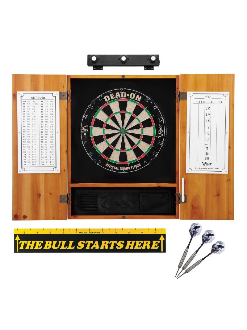 Viper Dead On Sisal Dartboard, Metropolitan Oak Cabinet, Shadow Buster Dartboard Lights & "The Bull Starts Here" Throw Line Marker