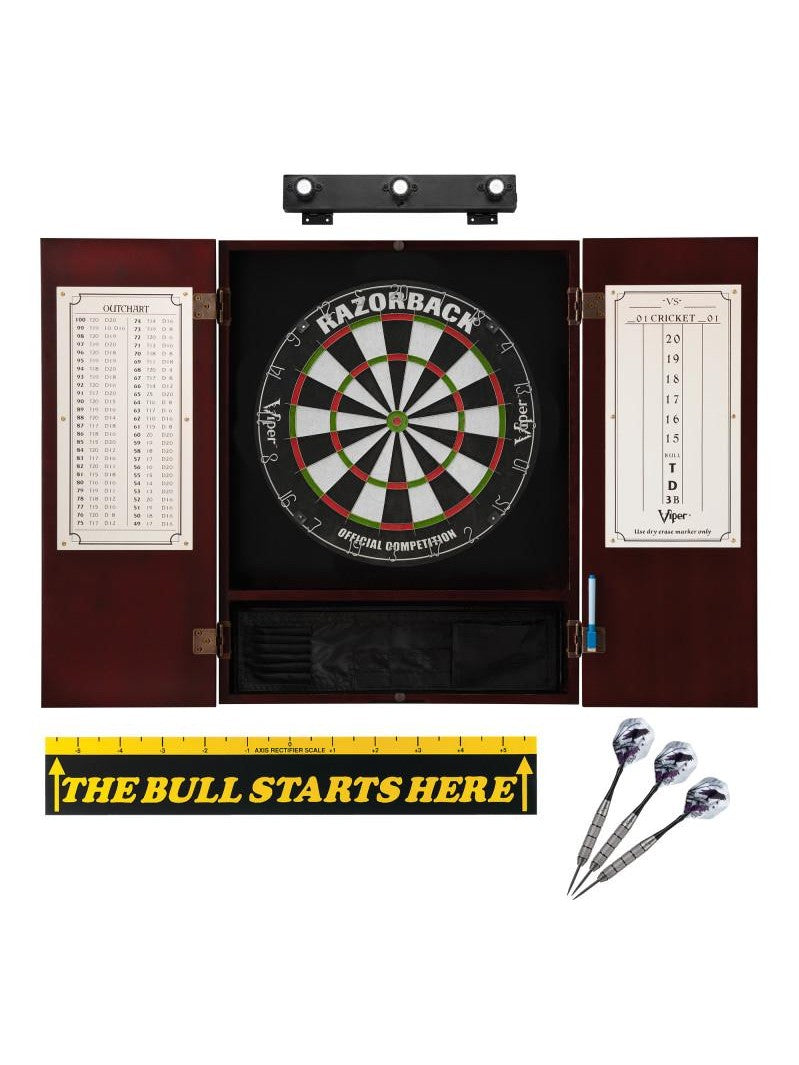 Viper Razorback Sisal Dartboard, Metropolitan Mahogany Cabinet, Shadow Buster Dartboard Lights & "The Bull Starts Here" Throw Line Marker