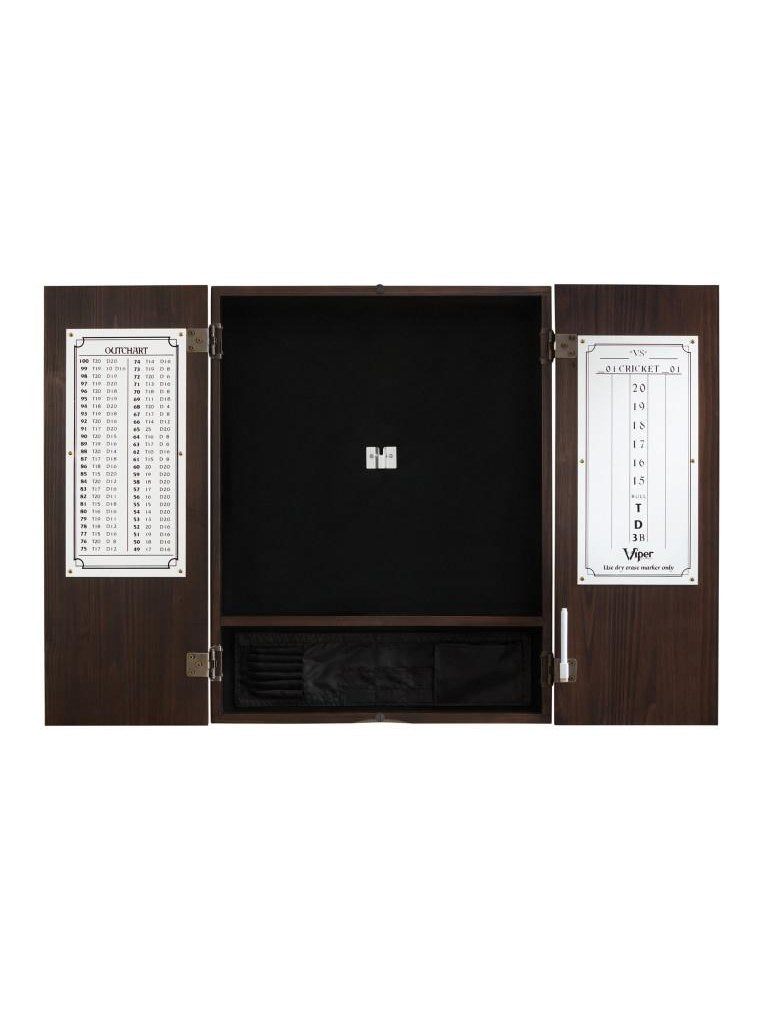 Viper Espresso Metropolitan Steel Tip Cabinet, Viper Razorback Sisal Dartboard, Viper Underground Raven Steel Tip Darts 25 Grams, and Viper Vinyl Dart Mat