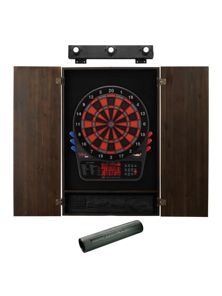 Viper 800 Electronic Dartboard, Metropolitan Espresso Cabinet, Dart Mat & Shadow Buster Dartboard Light Bundle