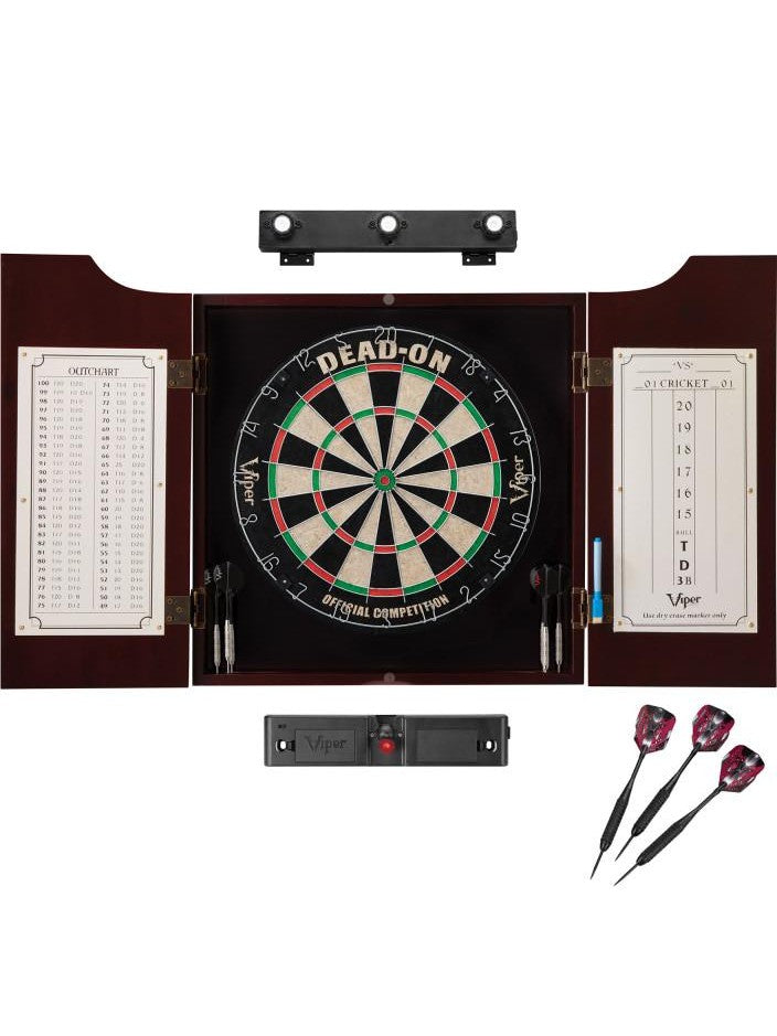 Viper Dead On Sisal Dartboard, Hudson Cabinet, Laser Throw Line, Black Mariah Steel Tip Darts & Shadow Buster Dartboard Light Bundle