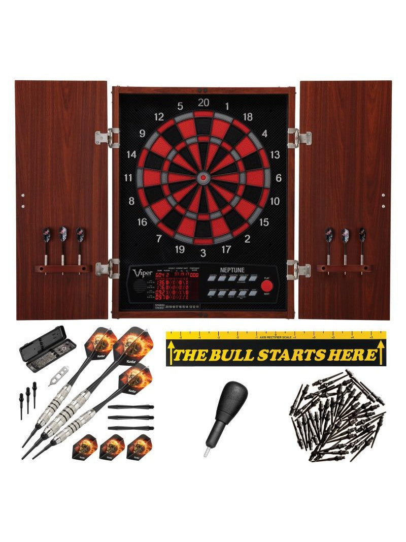 Viper Neptune Electronic Dartboard, "The Bull Starts Here" Throw Line Marker, Blazer 16g Soft Tip Darts, Dart Tip Remover Tool & Tufflex II Black Dart Tips